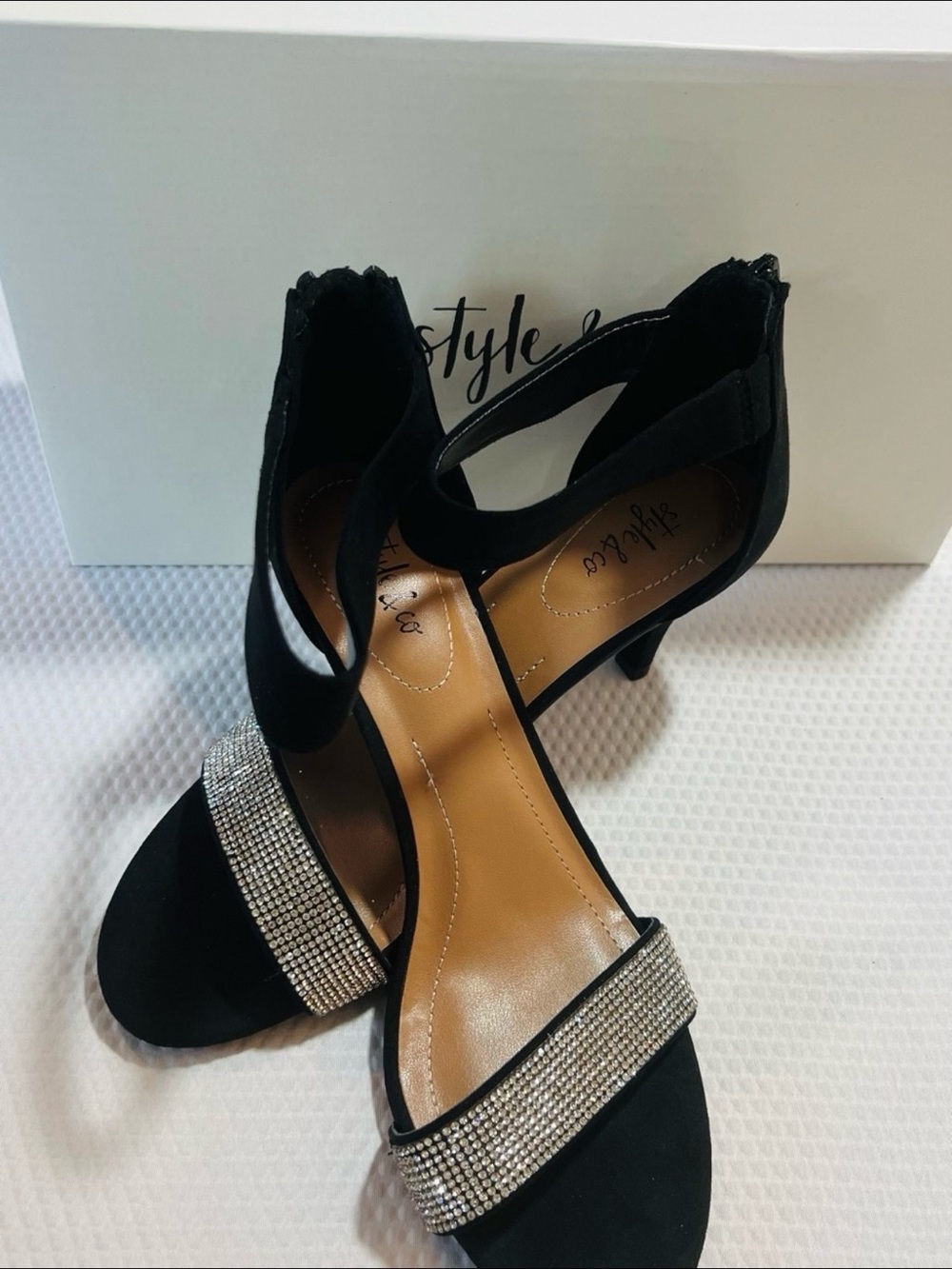 Style & Co. Black Ankle-Strap Heels with Rhinestone Band